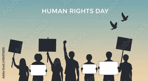 Human rights day people protesting with blank signs silhouettes against sunset sky with birds flying symbolizing freedom and activism