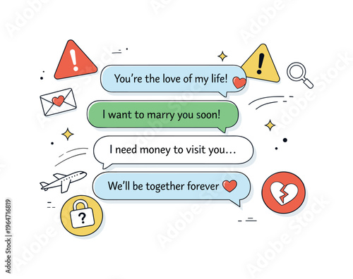 Suspicious romantic messages. A modern editorial scene of chat bubbles with exaggerated promises and warning signs floating around. The mood feels neutral and