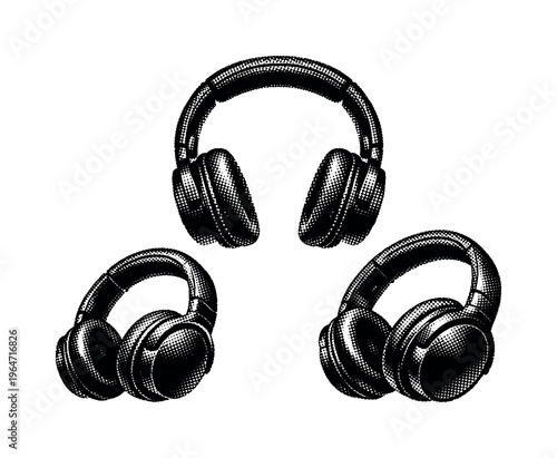 Headphones shown as over-ear headphones with a padded headband and circular ear cups, presented as a single object. Black and white dot style with halftone