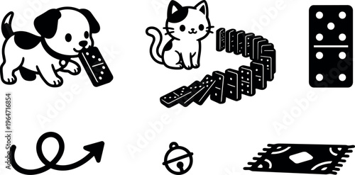 Black and white cute dog and cat playing with dominoes vector art