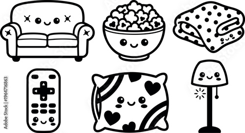 Black and white kawaii style smiling sofa popcorn remote pillow lamp icons