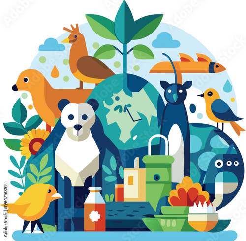Cartoon animals and eco friendly products around the Earth  ecofriendly  concept