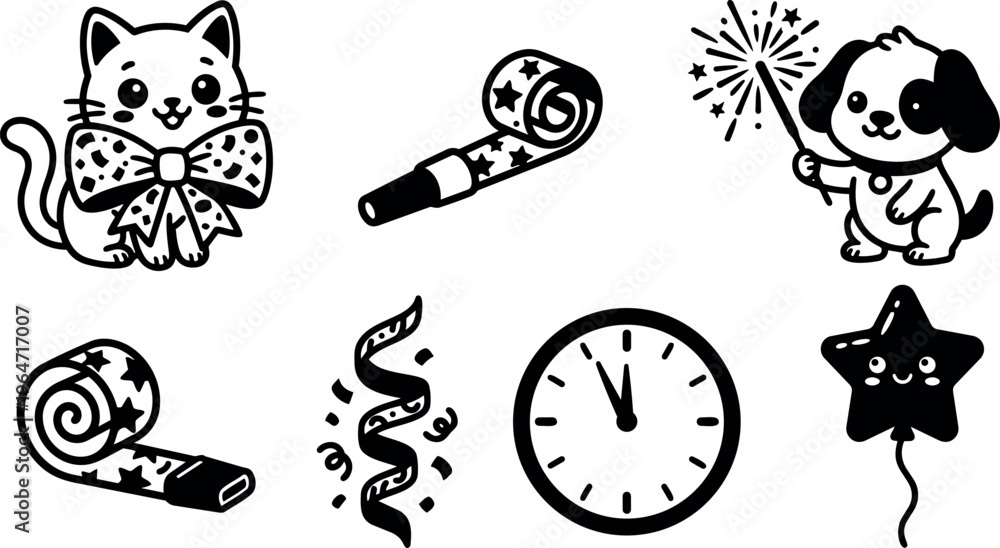 Fototapeta premium Cute cat with bow and playful dog holding sparkler with party decorations vector black and white