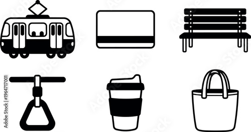 Black and white vector icons of tram bench coffee cup and bag