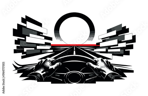 Black and white close-up of a driver?s hands on a steering wheel, windshield view showing an endless road narrowing into a vanishing point, large abstract