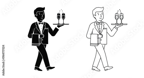 A formally dressed waiter serving champagne on a silver platter