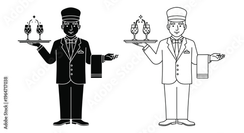Two illustrations of hotel bellhops holding trays with champagne glasses