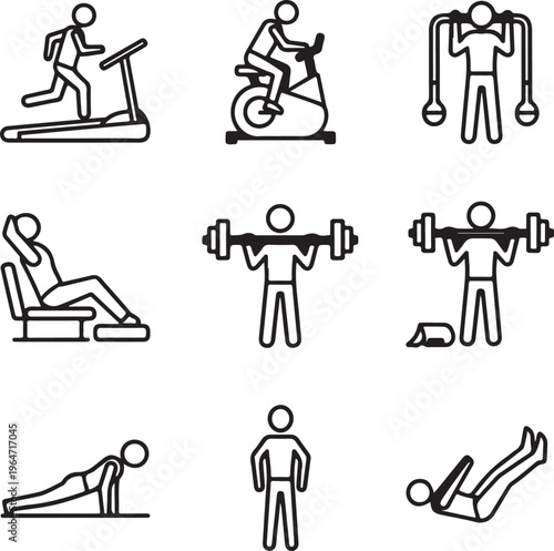 set of 9 fitness exercise silhouettes on white background for workout guide