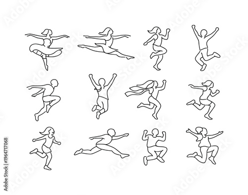 Happy Dance and Leap. Minimalistic set one-line drawing [twirling jump pose, ballet style leap, playful hop, raised arms celebration, jumping silhouette side