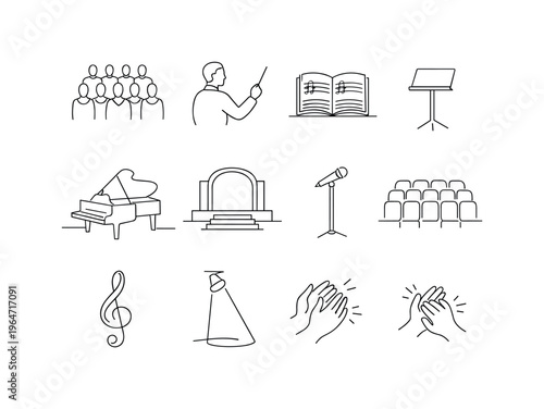 Choir Singing. Minimalistic set one-line drawing choir group in rows, conductor with baton, open sheet music, music stand, grand piano accompaniment, church