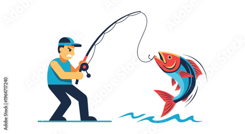 A vibrant illustration depicts a fisherman struggling with a large fish on a line a striking silhouette high quality professional detailed