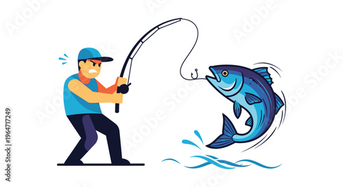 A determined fisherman struggles with a large fish caught on his line depicted as a colorful silhouette high quality professional detailed