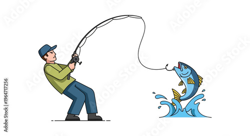A fisherman reels in a large fish with a curved rod depicted in a modern flat style silhouette high quality professional