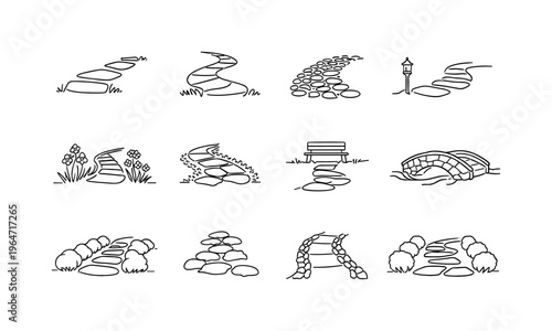 Garden Stone Walkway. Minimalistic set one-line drawing stepping stones in lawn, curved garden trail, pebble mosaic path, stone path with lantern, pathway