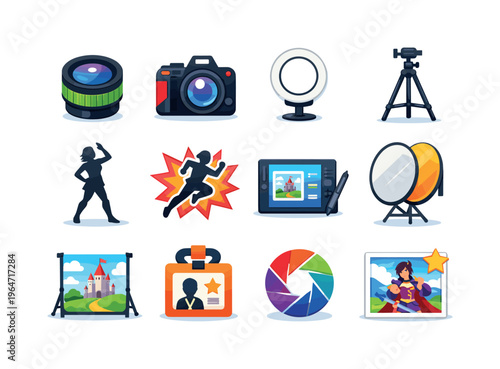 cosplay photography. Colorful flat vector icons set of cosplay photography: camera lens, DSLR camera, ring light, tripod stand, photo pose silhouette, action