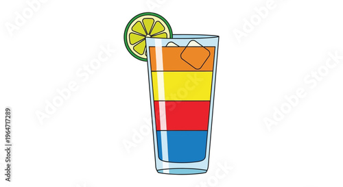 A vibrant layered drink in a tall glass garnished with a lime wedge depicted as a silhouette high quality professional detailed