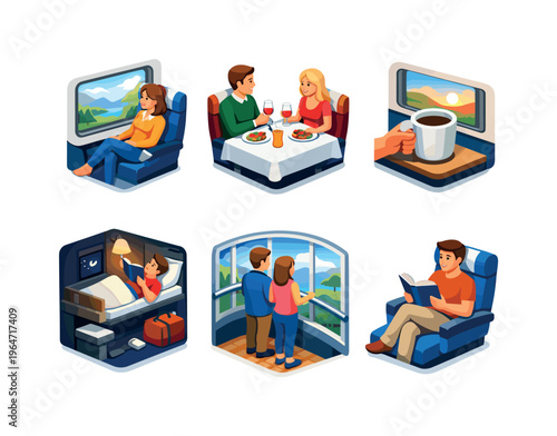 RailTravelExperience. Isometric flat vector icons set of rail travel experience: passenger enjoying window view, couple dining onboard, morning coffee by