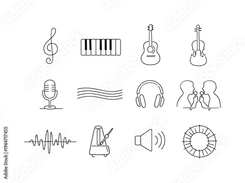 Musical Harmony. Minimalistic set one-line drawing treble clef, piano keys, guitar outline, violin shape, microphone, musical staff lines, headphones, duet