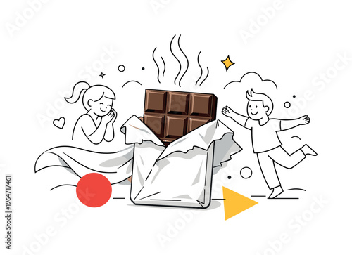 Chocolate Bar. Minimal chocolate bar partially unwrapped, wrapper flowing softly to the side. A feeling of anticipation and simple pleasure, with abstract