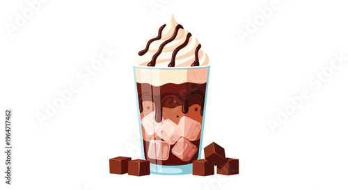 A colorful illustration depicts a layered chocolate drink with whipped cream and chocolate pieces silhouette high quality professional detailed modern elegant