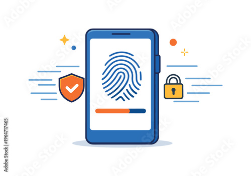Biometric authentication systems represented by a smartphone screen displaying a fingerprint scan in progress with calm motion lines. The scene suggests speed,