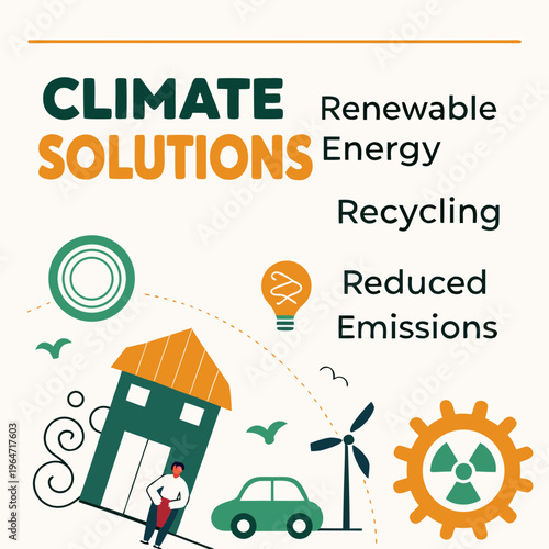 Climate solutions infographic with renewable energy and recycling reduced emissions