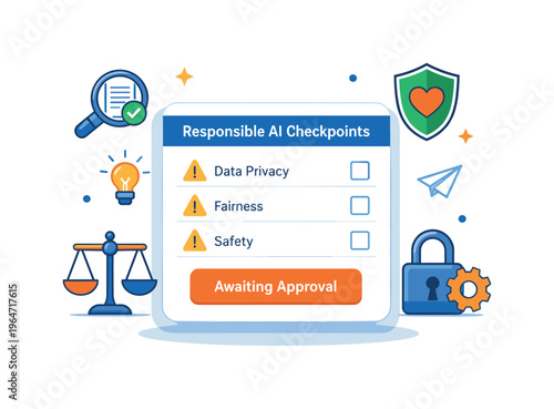Responsible AI checkpoints depicted through a clean interface card awaiting approval with ethics and safety icons subtly surrounding it. The mood emphasizes