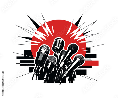Black and white retro-style cluster of media microphones pointing upward, bold red circular spotlight behind them, sharp white flash bursts radiating outward,