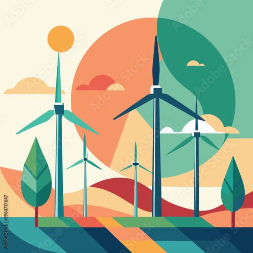 Wind turbines and trees on a colorful abstract landscape
