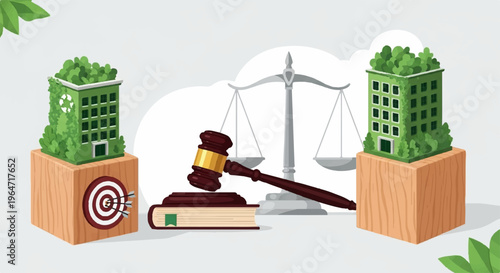 Justice and growth balance concept with law gavel book scales green buildings on wooden blocks and target with bullseye on light background