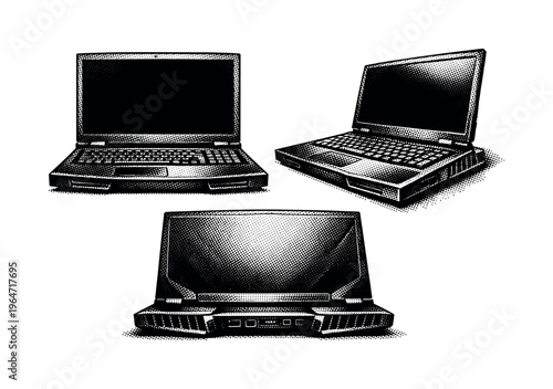 Gaming laptop shown as a powerful portable computer with thicker body, vented sides, and pronounced keyboard area, presented as a single object. Black and
