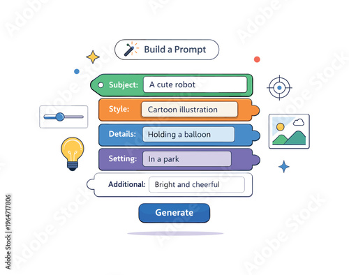 Prompt building interface focused on a clean text input panel with modular blocks snapping together to form a clear structured prompt. The scene communicates