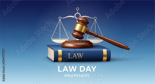 Law book with gavel and scales on blue background symbolizing justice and legal system law day concept