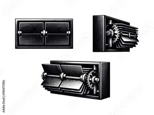 Flip departure board split-flap module A realistic split-flap display module with rotating flaps and central axle, presented in three views such as front view,
