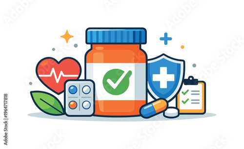 Pharmaceutical care concept visualized as a pill bottle supported by subtle health and protection icons, expressing wellbeing, reliability and controlled