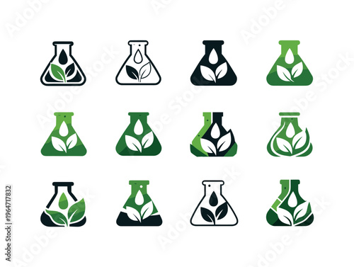 Biofuel innovations. Icon set. Set Logo of biofuel innovations: renewable energy flask. harmonious logo variations of the same emblematic concept, each with