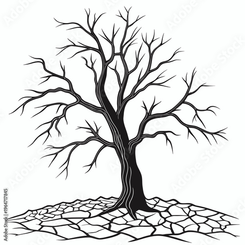 Barren tree on dry cracked earth bare drought