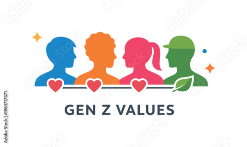 Generation Z social values concept shown as diverse silhouettes connected by small heart and leaf icons, symbolizing inclusivity, empathy and awareness.