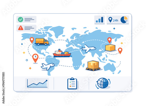 Real time logistics visibility captured by a dashboard-style map with moving goods icons, conveying control, efficiency, and confidence across global supply
