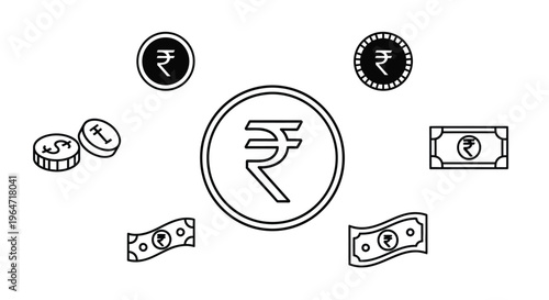 Indian rupee coins and banknotes depicted in a simple line silhouette