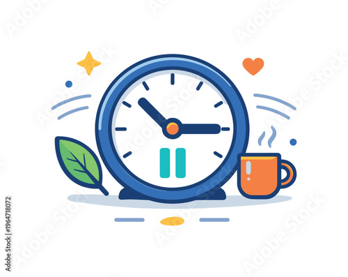 Break reminder indicators centered on a small clock with a gentle pause symbol and soft motion lines, expressing timely rest, balance, and mindful work rhythm.