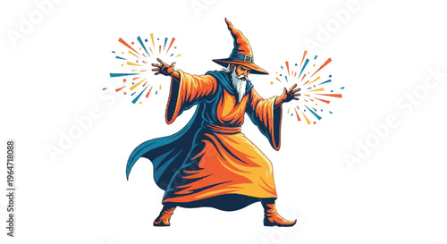 Cartoon wizard casting magic colorful energy illustration