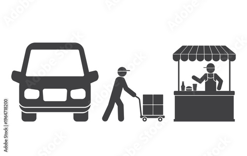 courier with hand trolley delivering boxes to a food kiosk with a vendor icon.
