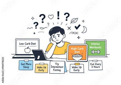 Health optimization overload conflicting advice. A person reading different health tips from multiple screens and notes, expressing confusion and decision