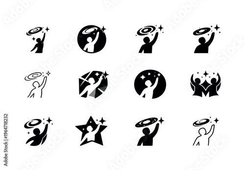 Exploring distant galaxies through virtual space experiences. Icon set. Set Logo of Exploring distant galaxies through virtual space experiences: human