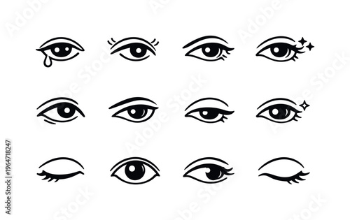 Emotional Eyes. Line icon set of Emotional Eyes: sad eye, happy eye, thoughtful eye, dreamy eye, longing gaze, intense stare, tired eye, hopeful eye, gentle