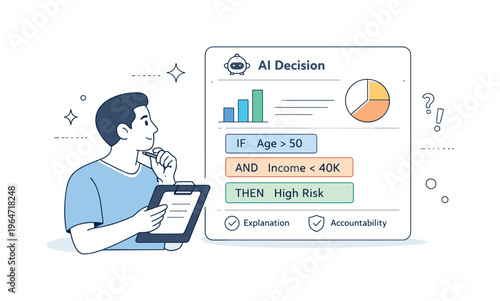 Explainable AI concept. A human reviewing an AI decision card with simple charts and highlighted logic blocks, showing understanding and accountability. Clear