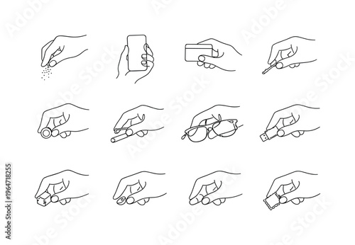Pinch and Grip Motions. Minimalistic set one-line drawing fingers pinching salt, fingers holding smartphone, fingers holding credit card, fingers holding