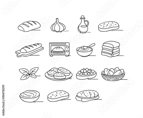 Italian Style Garlic Bread. Minimalistic set one-line drawing rustic ciabatta loaf, garlic bulb, olive oil bottle, bread slice with herbs, baguette on wooden