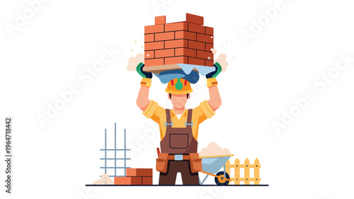 Construction worker carrying bricks: A construction worker wearing a hard hat, gloves, and work clothes is meticulously building a brick structure.